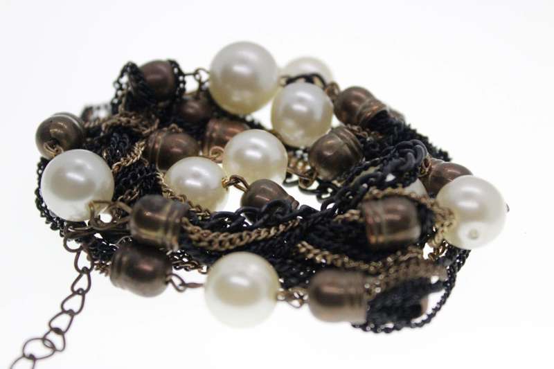 Necklace - Vintage Metal, Black and Gold Tone Multi-strand Long Necklace with Faux Pearls - ML2559