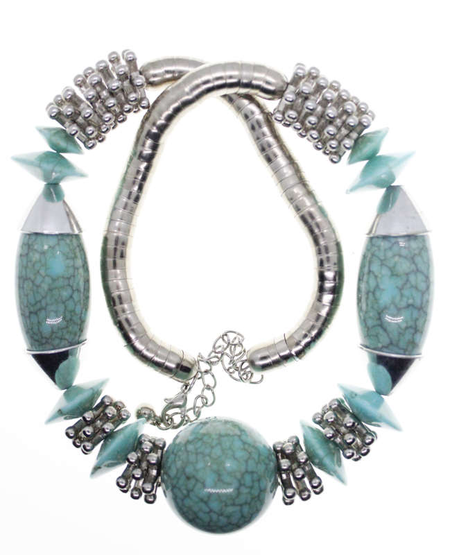Necklace - Silver Necklace with Turquoise Beads - Lightweight - ML2562