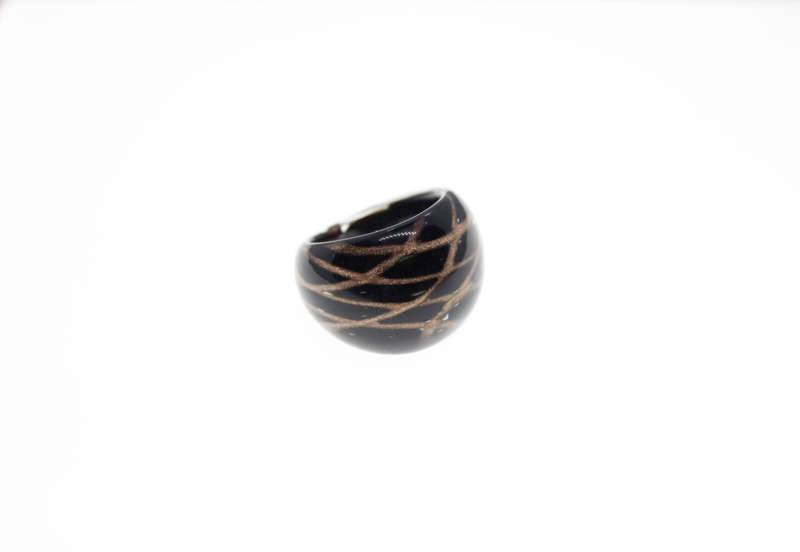 Fashion Ring - Chunky Black Plastic ring with Bronze Glittery Diamond Design - ML2566