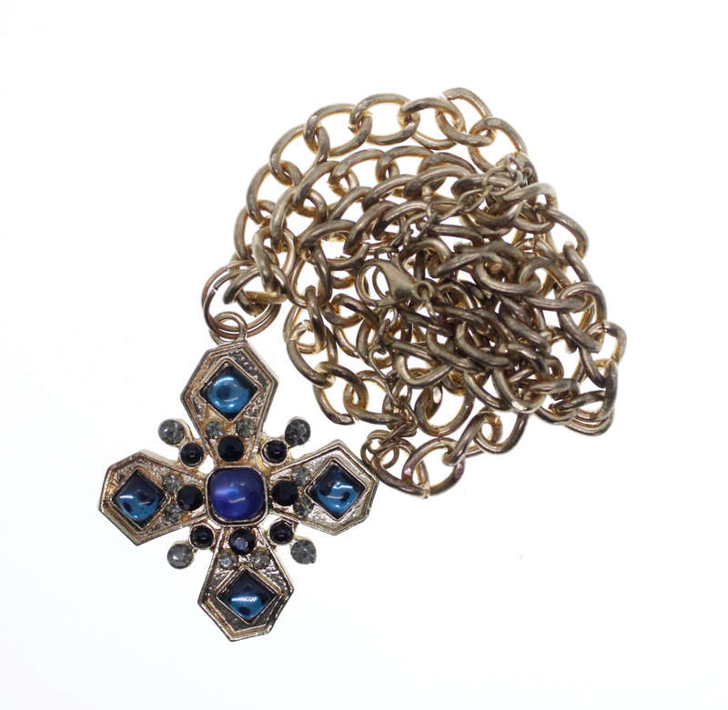 Necklace - Statement Fashion Necklace Brass Tone Pendant. Sparkly Bright Blue Stones - ML2567