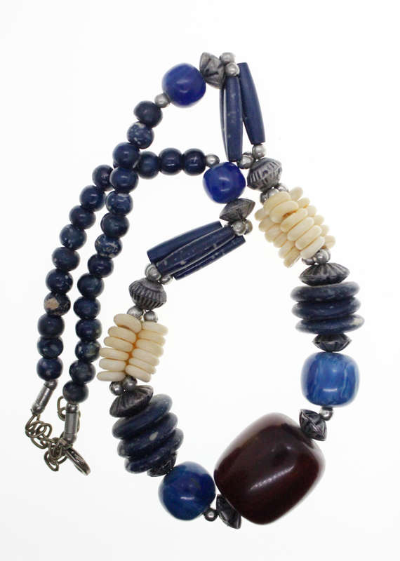 Necklace - Blue, Cream and Brown different Shape Beads. Silver Tone Clasp - ML2570