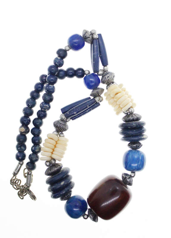Necklace - Blue, Cream and Brown different Shape Beads. Silver Tone Clasp - ML2570