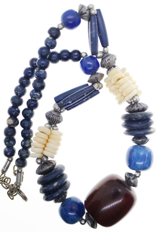 Necklace - Blue, Cream and Brown different Shape Beads. Silver Tone Clasp - ML2570