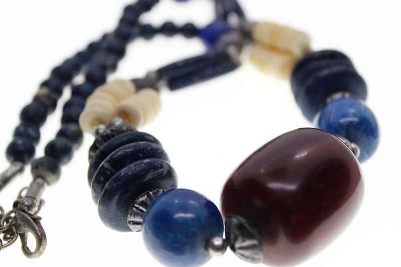 Necklace - Blue, Cream and Brown different Shape Beads. Silver Tone Clasp - ML2570