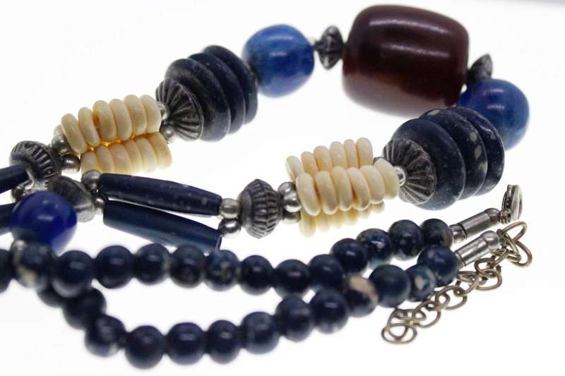 Necklace - Blue, Cream and Brown different Shape Beads. Silver Tone Clasp - ML2570