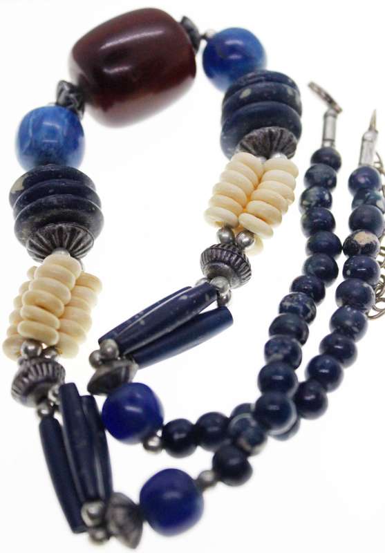 Necklace - Blue, Cream and Brown different Shape Beads. Silver Tone Clasp - ML2570