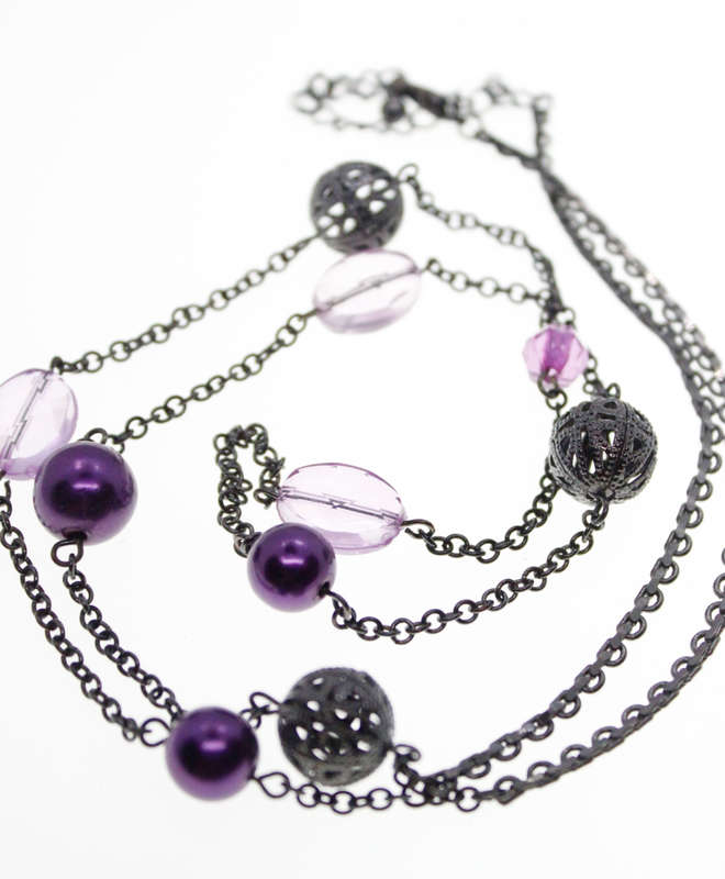 Necklace - Vintage Dark Chain with Dark and Light Purple Beads and Dark Tone Round Balls. - ML2575