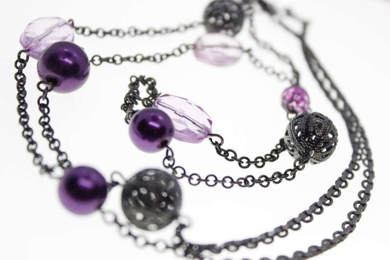 Necklace - Vintage Dark Chain with Dark and Light Purple Beads and Dark Tone Round Balls. - ML2575