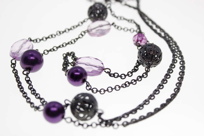 Necklace - Vintage Dark Chain with Dark and Light Purple Beads and Dark Tone Round Balls. - ML2575