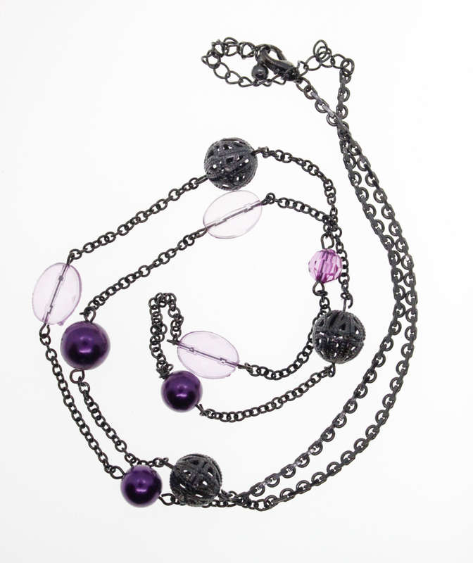 Necklace - Vintage Dark Chain with Dark and Light Purple Beads and Dark Tone Round Balls. - ML2575