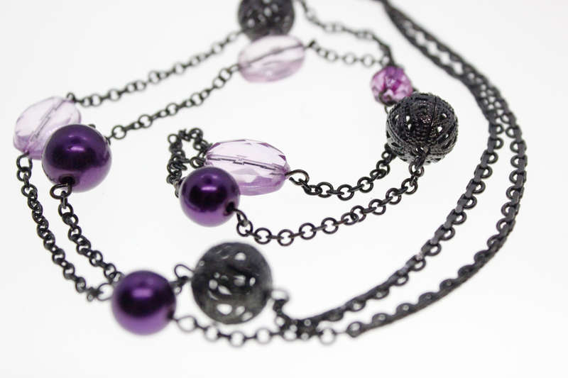 Necklace - Vintage Dark Chain with Dark and Light Purple Beads and Dark Tone Round Balls. - ML2575