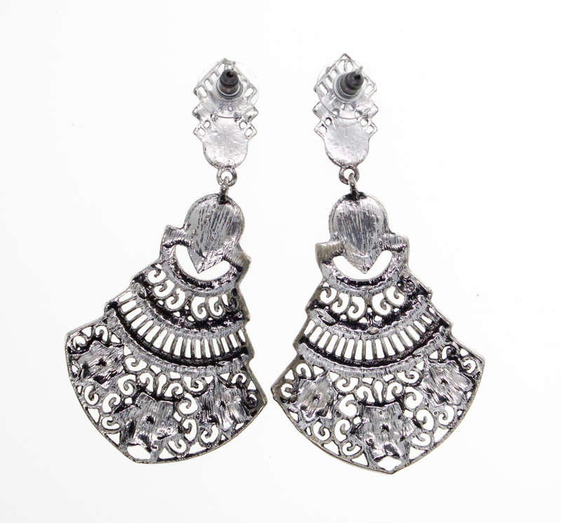 Earrings - Vintage Lightweight Dangly Earrings with Black Beads Silver Tone Flowers - ML2576