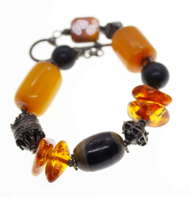 Bracelet - Vintage Bronze Tone. Amber and Assorted Beads. TBar Clasp - ML2579