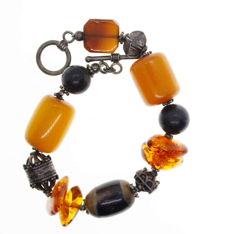 Bracelet - Vintage Bronze Tone. Amber and Assorted Beads. TBar Clasp - ML2579