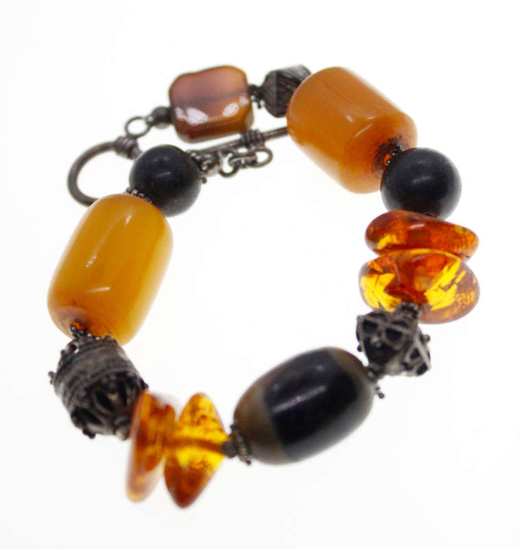 Bracelet - Vintage Bronze Tone. Amber and Assorted Beads. TBar Clasp - ML2579
