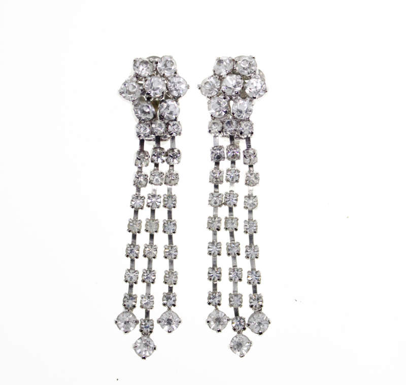 Earrings - A bit of Bling. Vintage Diamante Flower with 3 Strands Diamante Dangly Clip on Earring...