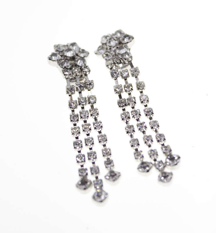 Earrings - A bit of Bling. Vintage Diamante Flower with 3 Strands Diamante Dangly Clip on Earring...
