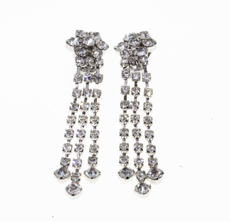 Earrings - A bit of Bling. Vintage Diamante Flower with 3 Strands Diamante Dangly Clip on Earring...
