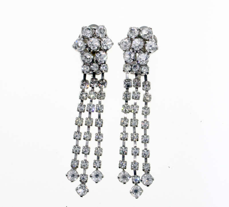 Earrings - A bit of Bling. Vintage Diamante Flower with 3 Strands Diamante Dangly Clip on Earring...