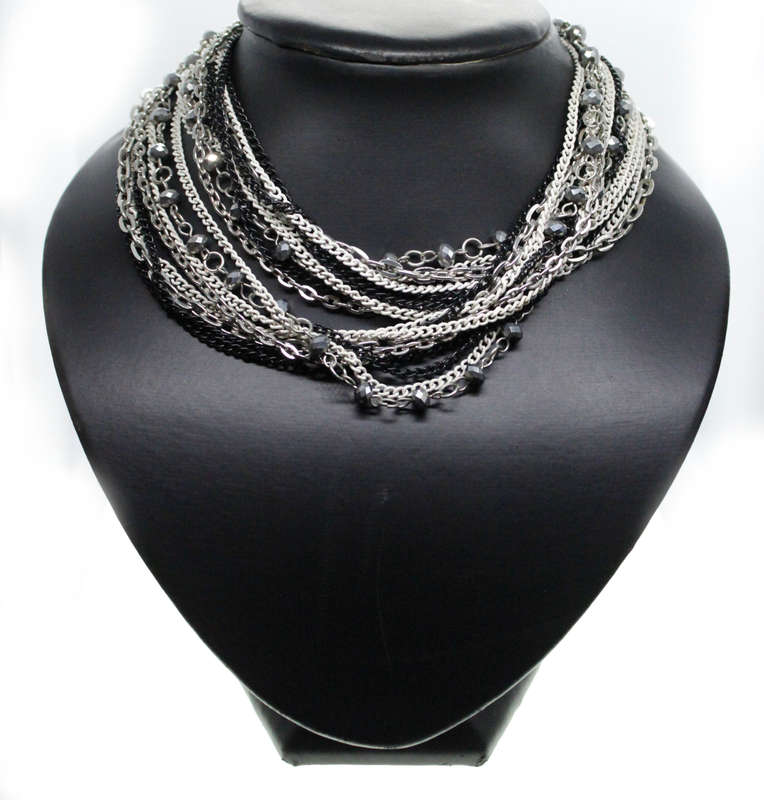 Necklace - Silver Tone & Different colour metal chains. Middle Chain has silver beads on it - ML2583