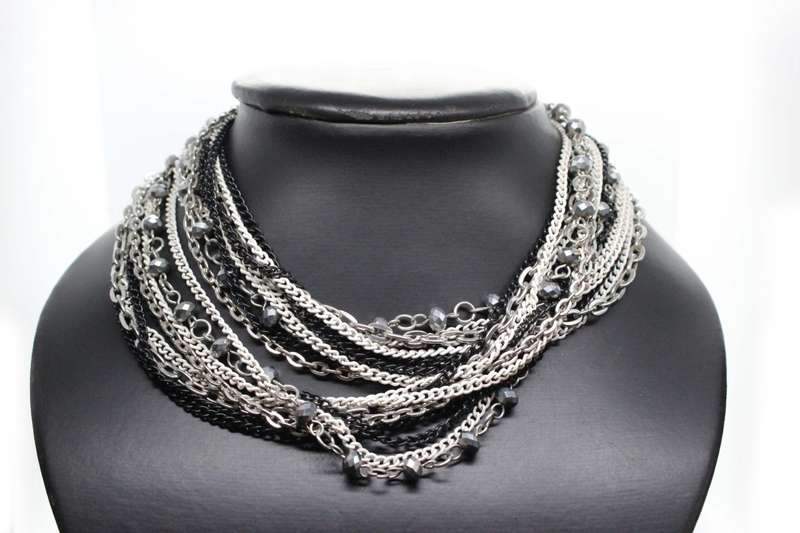 Necklace - Silver Tone & Different colour metal chains. Middle Chain has silver beads on it - ML2583