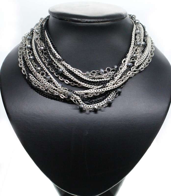 Necklace - Silver Tone & Different colour metal chains. Middle Chain has silver beads on it - ML2583