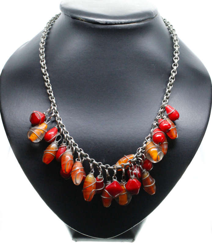 Necklace - Dark Silver Tone Necklace, Orange/Red Stones thin wire around . T Bar Clasp - ML2584
