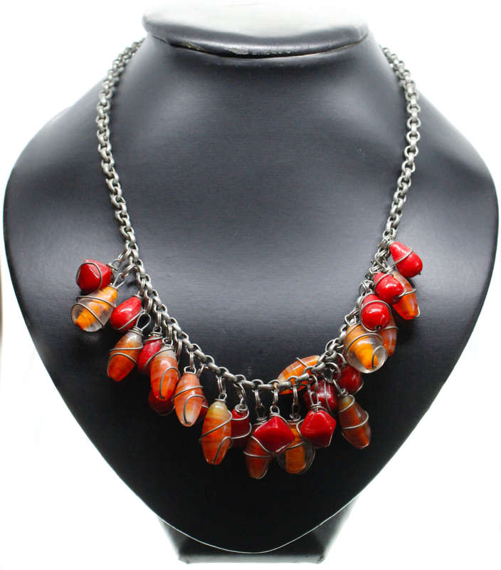 Necklace - Dark Silver Tone Necklace, Orange/Red Stones thin wire around . T Bar Clasp - ML2584