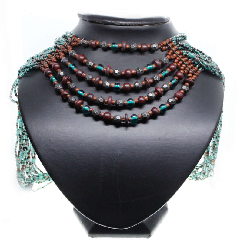 Necklace - African Zulu Beaded Necklace. Brown/Turquoise/Gunmetal Beads sizes differ - ML2585