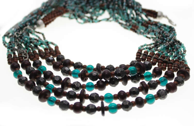 Necklace - African Zulu Beaded Necklace. Brown/Turquoise/Gunmetal Beads sizes differ - ML2585