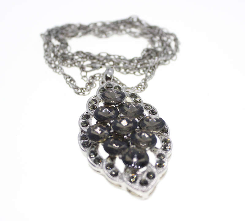 Pendant - Vintage Silver Tone Chain. 9 Smokey Grey Beads/Diamantes on Pendant - ML2586