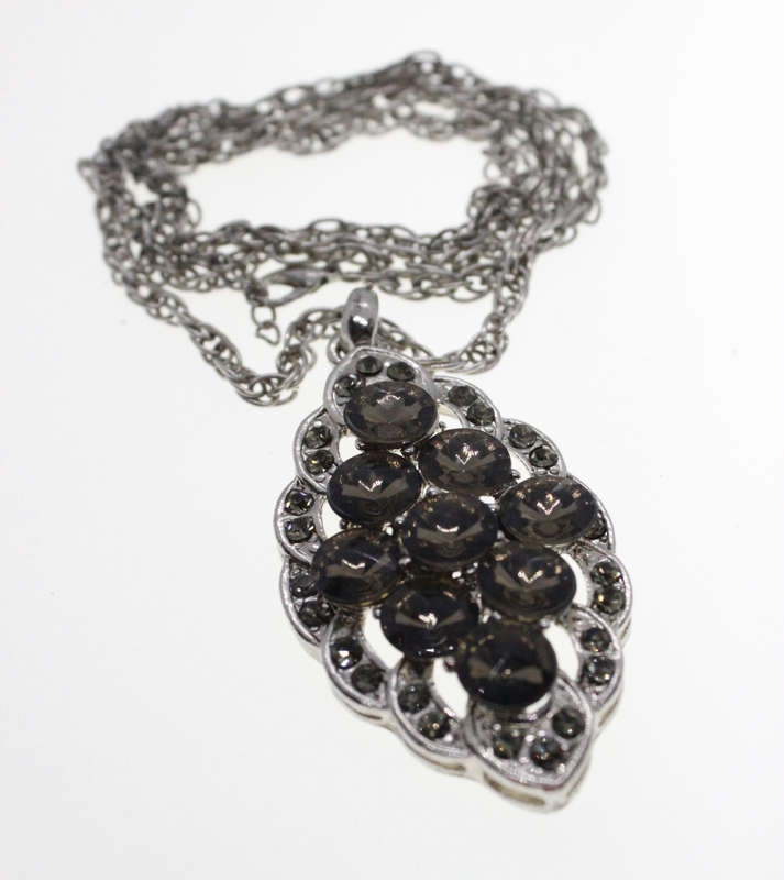 Pendant - Vintage Silver Tone Chain. 9 Smokey Grey Beads/Diamantes on Pendant - ML2586