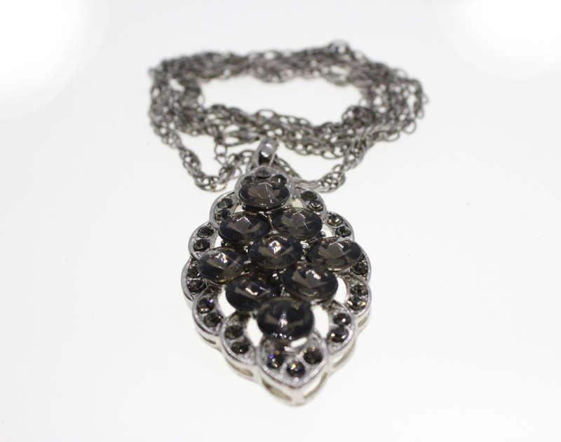 Pendant - Vintage Silver Tone Chain. 9 Smokey Grey Beads/Diamantes on Pendant - ML2586