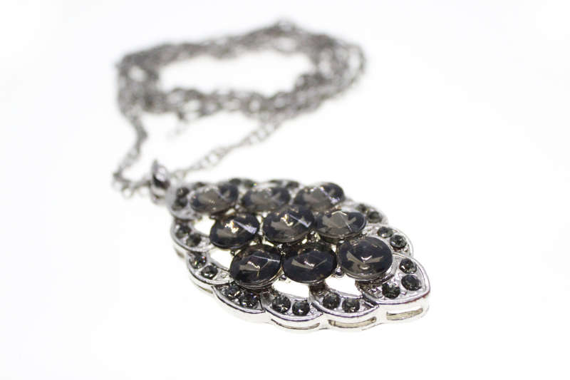 Pendant - Vintage Silver Tone Chain. 9 Smokey Grey Beads/Diamantes on Pendant - ML2586