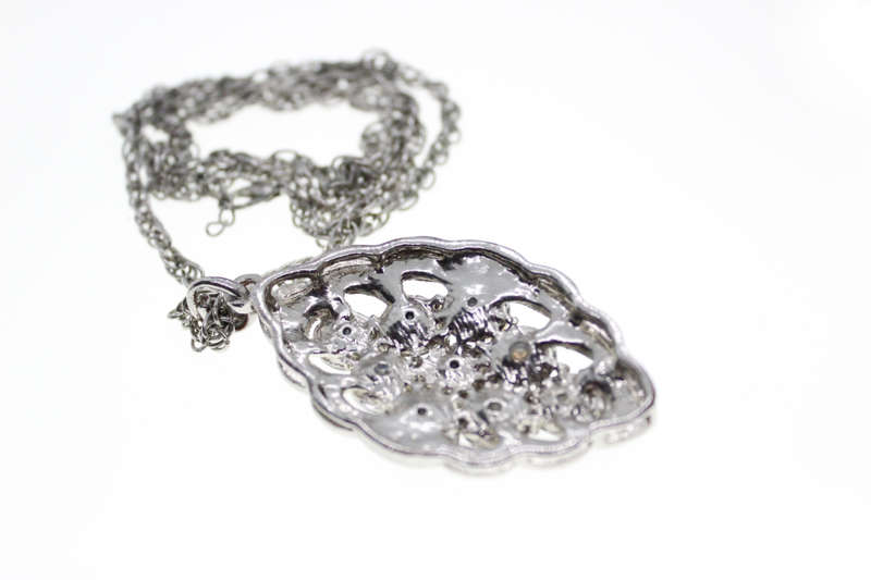 Pendant - Vintage Silver Tone Chain. 9 Smokey Grey Beads/Diamantes on Pendant - ML2586