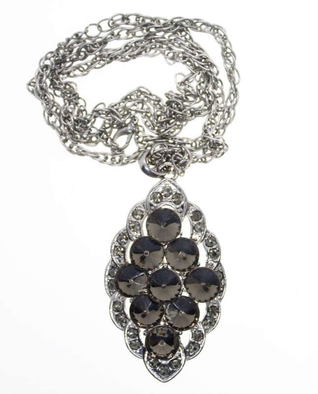 Pendant - Vintage Silver Tone Chain. 9 Smokey Grey Beads/Diamantes on Pendant - ML2586