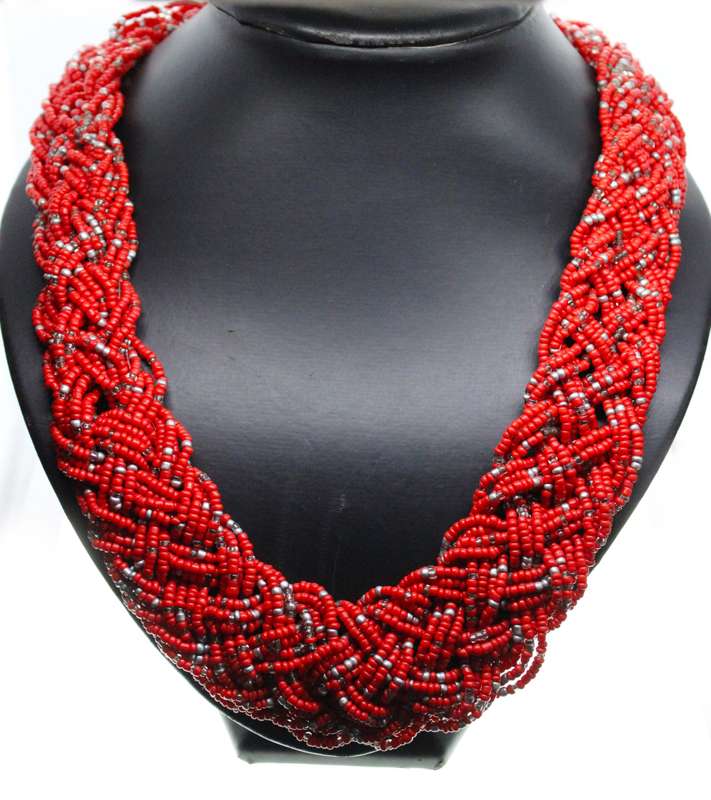 Necklace - Ethnic Red Chuncky Beaded Multilayered Necklace with Silver Tone Chain Clasp - ML2592