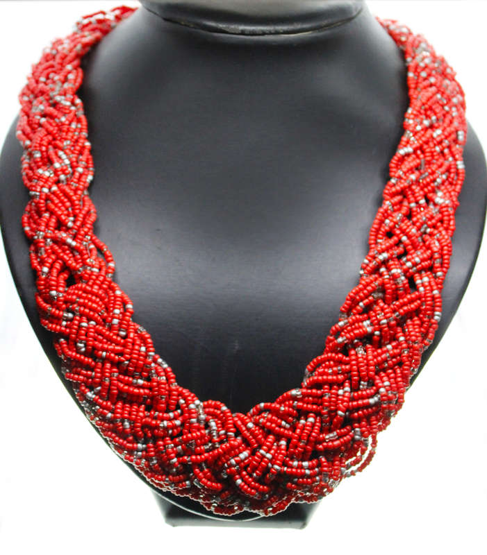 Necklace - Ethnic Red Chuncky Beaded Multilayered Necklace with Silver Tone Chain Clasp - ML2592