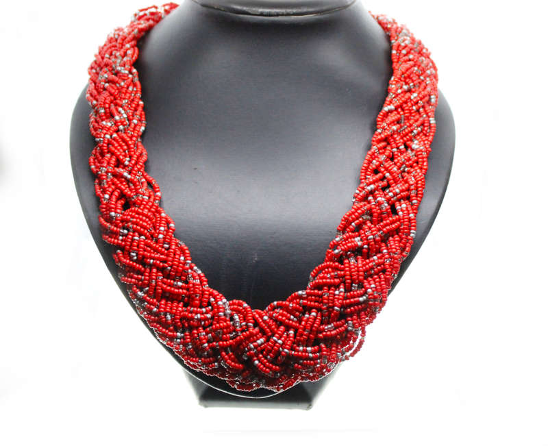 Necklace - Ethnic Red Chuncky Beaded Multilayered Necklace with Silver Tone Chain Clasp - ML2592