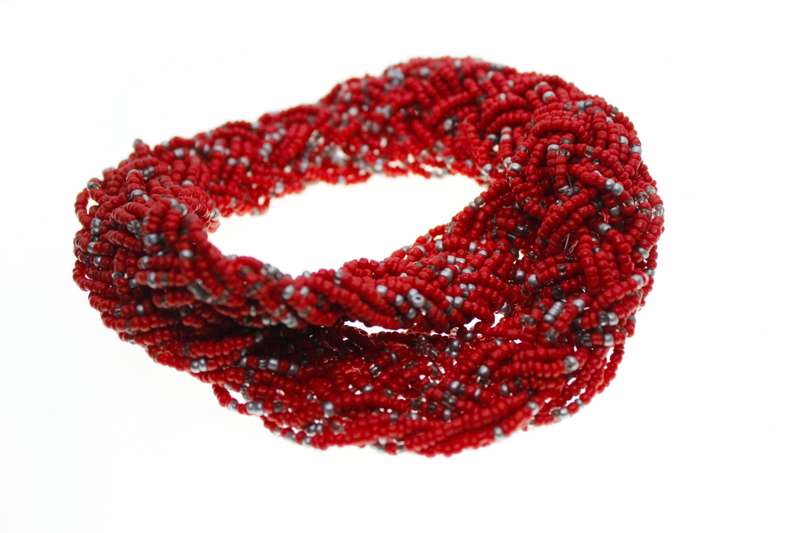 Necklace - Ethnic Red Chuncky Beaded Multilayered Necklace with Silver Tone Chain Clasp - ML2592