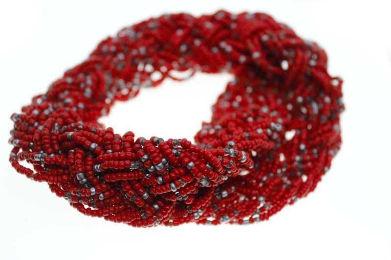 Necklace - Ethnic Red Chuncky Beaded Multilayered Necklace with Silver Tone Chain Clasp - ML2592