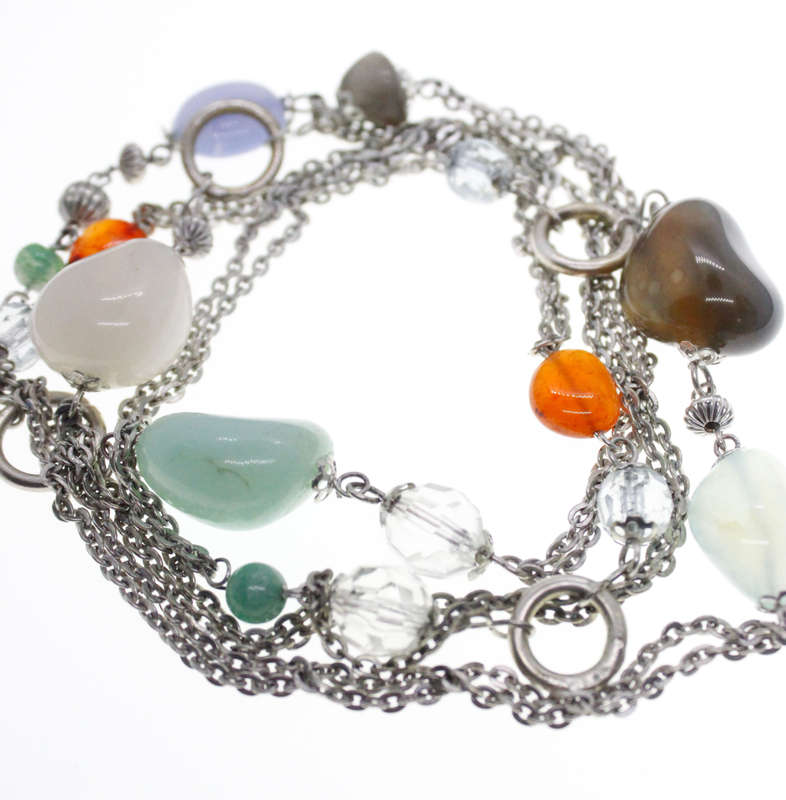 Necklace - Vintage Silver Tone Chain Necklace. Colourful Stone and Beads Irregular Sizes - ML2595