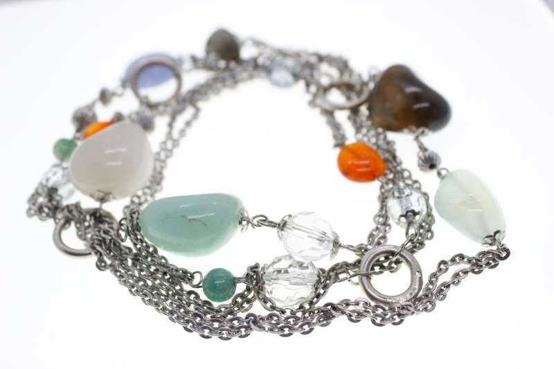 Necklace - Vintage Silver Tone Chain Necklace. Colourful Stone and Beads Irregular Sizes - ML2595
