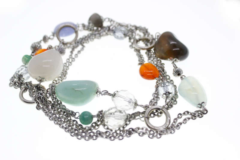 Necklace - Vintage Silver Tone Chain Necklace. Colourful Stone and Beads Irregular Sizes - ML2595