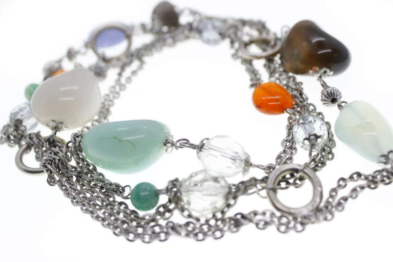 Necklace - Vintage Silver Tone Chain Necklace. Colourful Stone and Beads Irregular Sizes - ML2595