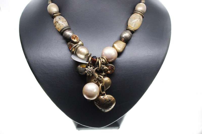 Necklace - Vintage Brass Tone Rustic Necklace. Irregular Beads, Hearts, Stones - ML2596