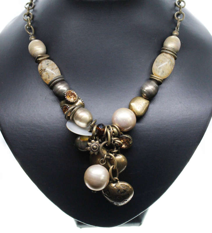 Necklace - Vintage Brass Tone Rustic Necklace. Irregular Beads, Hearts, Stones - ML2596