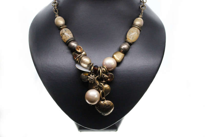 Necklace - Vintage Brass Tone Rustic Necklace. Irregular Beads, Hearts, Stones - ML2596