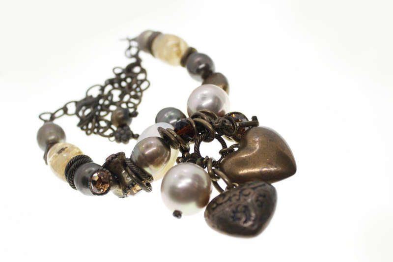 Necklace - Vintage Brass Tone Rustic Necklace. Irregular Beads, Hearts, Stones - ML2596