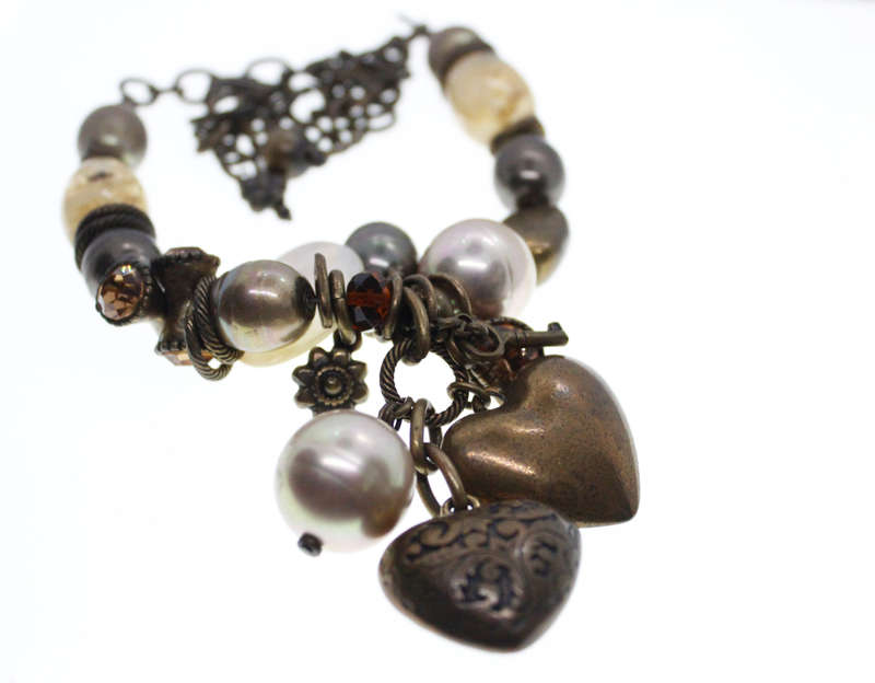 Necklace - Vintage Brass Tone Rustic Necklace. Irregular Beads, Hearts, Stones - ML2596